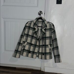Madewell Plaid Pea Coat in Green and Cream